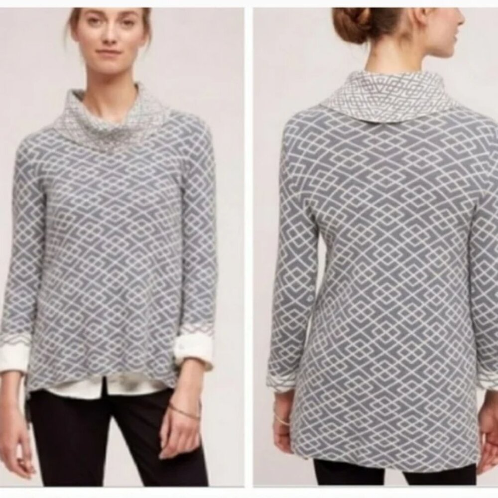 Anthropologie Moth Blue White Geometric Print Galena Cowl Neck Sweater